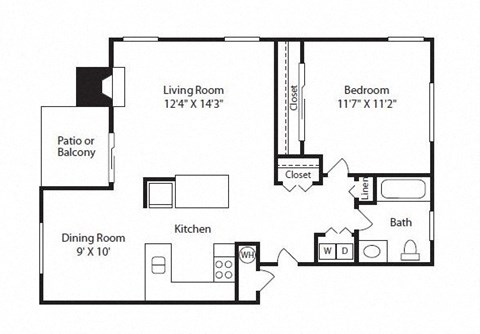Floor plan for 1 bed, 1 bath, 704 sqft